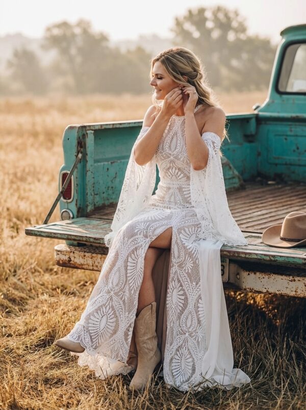 spirit_vintage_truck_tailgate Western Boho Wedding Dress with Detachable Flare Sleeves