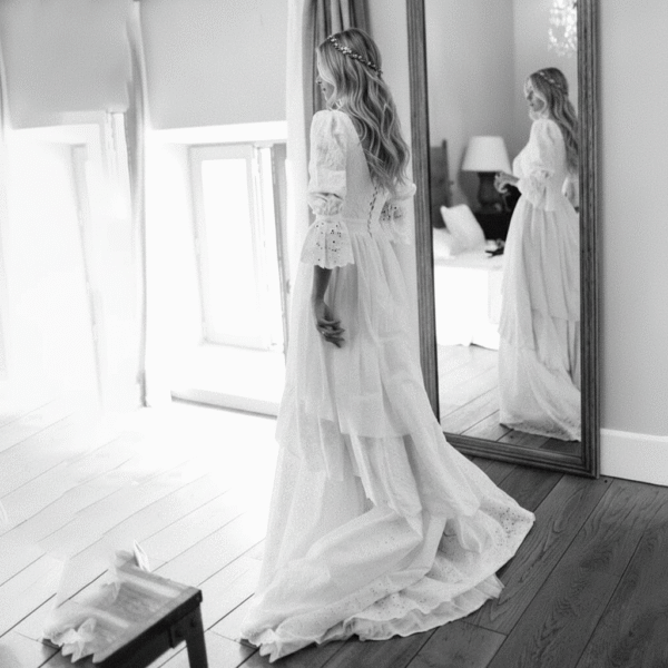 white_kitchen_island_black_stools_swapped Vintage Broderie Anglaise Wedding Dress with Tiered Eyelet Lace Skirt