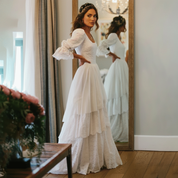 wooden_digital_alarm_clock_swapped Vintage Broderie Anglaise Wedding Dress with Tiered Eyelet Lace Skirt