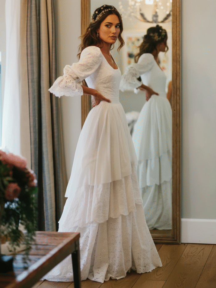 Vintage Broderie Anglaise Wedding Dress with Tiered Eyelet Lace Skirt