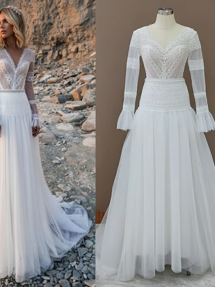 Celestial Sands Long Sleeve Lace Gown