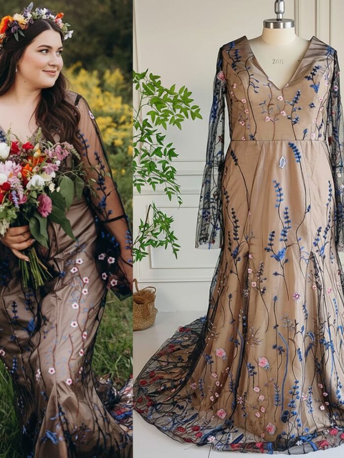 Botanical Plus Size Boho Wedding Dress with Long Sleeves
