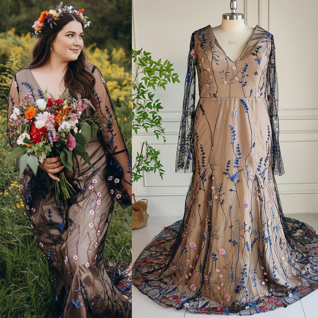 Bride wearing the Botanical Plus Size Boho Wedding Dress with long embroidered sleeves outdoors