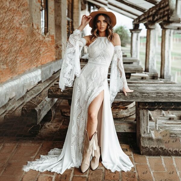 high low boho wedding dresses Romantic Bell Sleeve Boho Lace Slit Fit and Flare Spring Wedding Dress, Nude Beige