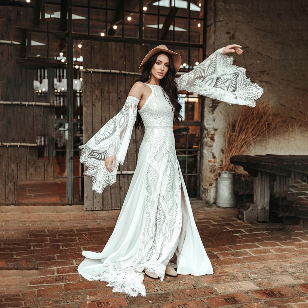 Western boho bride wearing a lace wedding dress with detachable flare sleeves in a rustic barn