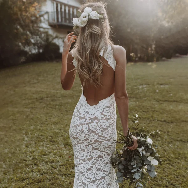 U6bff499da0b44d6a9346307f2bca2432c Halter Neck Wedding Dress, Floral Lace Bridal Gown, Open Back Fishtail Dress