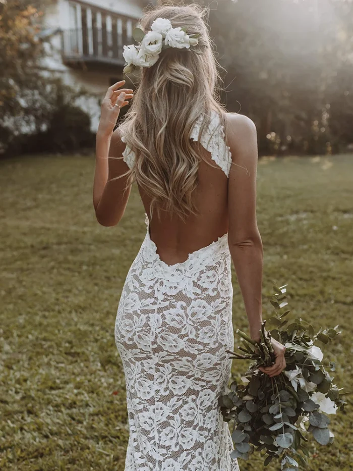 U6bff499da0b44d6a9346307f2bca2432c Halter Neck Wedding Dress, Floral Lace Bridal Gown, Open Back Fishtail Dress