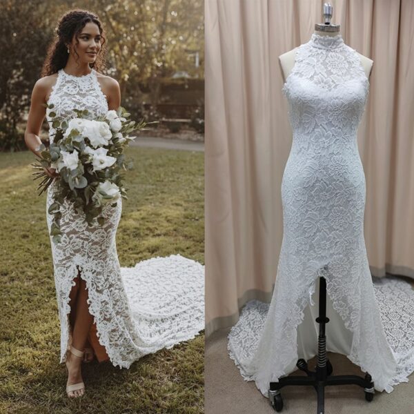ai-edited-1776006543051-1 Halter Neck Wedding Dress, Floral Lace Bridal Gown, Open Back Fishtail Dress