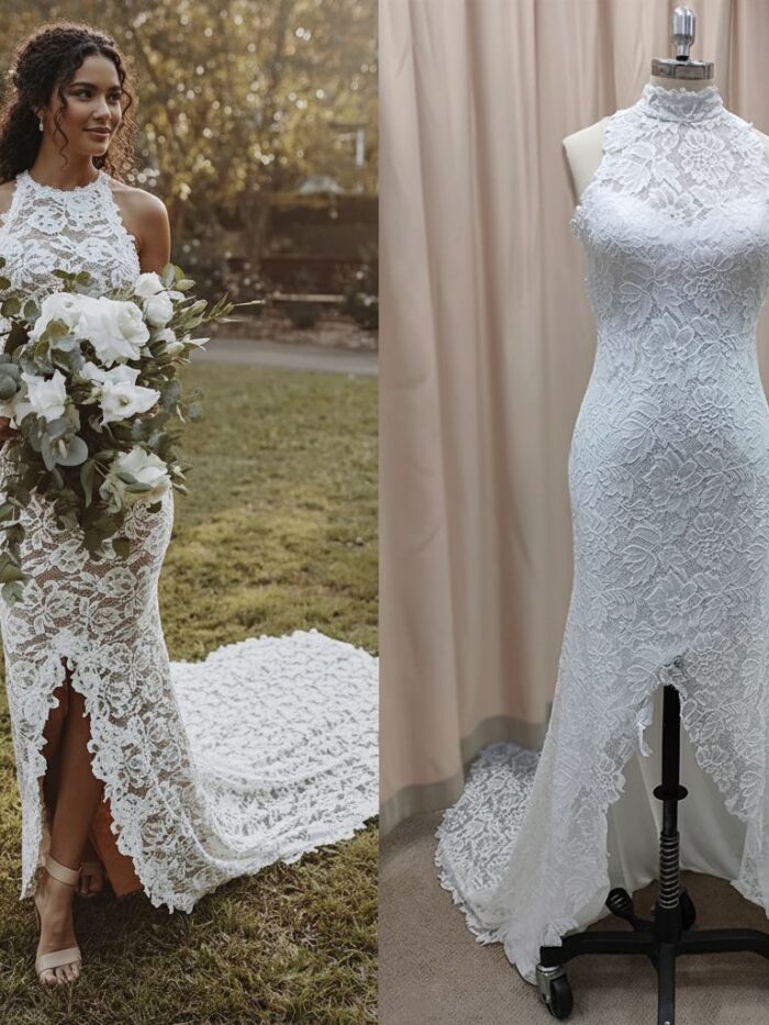 Halter Neck Wedding Dress, Floral Lace Bridal Gown, Open Back Fishtail Dress