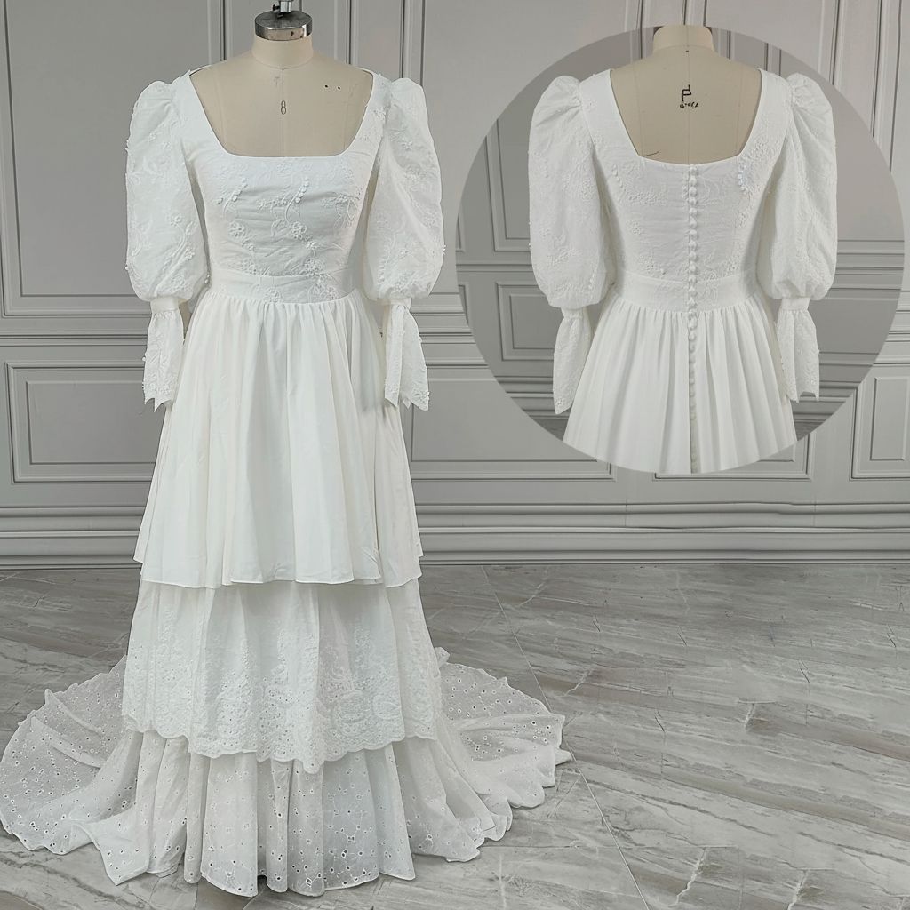 Vintage Broderie Anglaise wedding dress with long sleeves and a tiered eyelet skirt