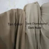 Tan, dark champagne and off-white wedding dress lining colour swatches