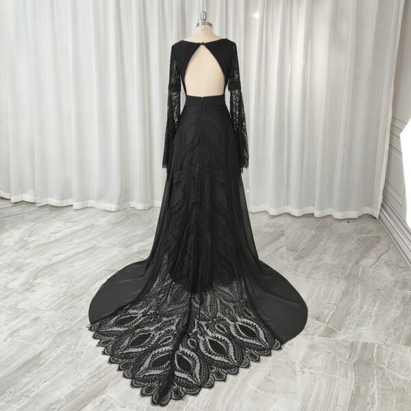 Full rear view of black backless lace wedding gown