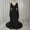 Black lace wedding gown with V-neck and long bell sleeves