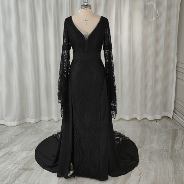 Black lace wedding gown with V-neck and long bell sleeves