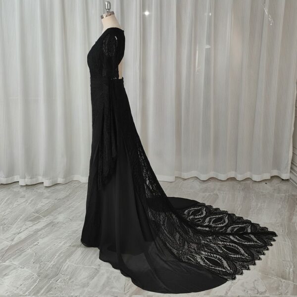 Side view of black lace wedding gown with long train