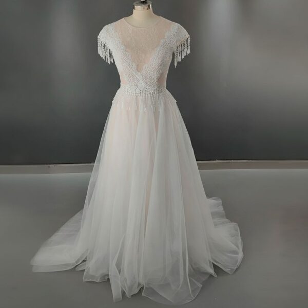 Blush Lace Fringe Tulle Gown