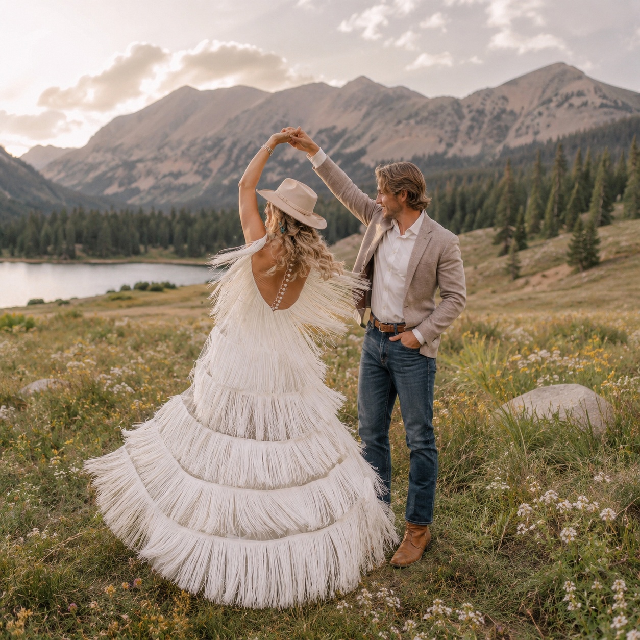 Bride dancing outdoors in the Wild West Romance fringe wedding dress