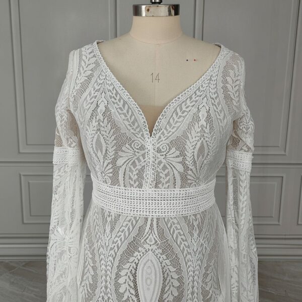 Close front view of deep V-neck and intricate lace bodice