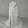Off-white boho lace wedding dress with long sleeves and front slit