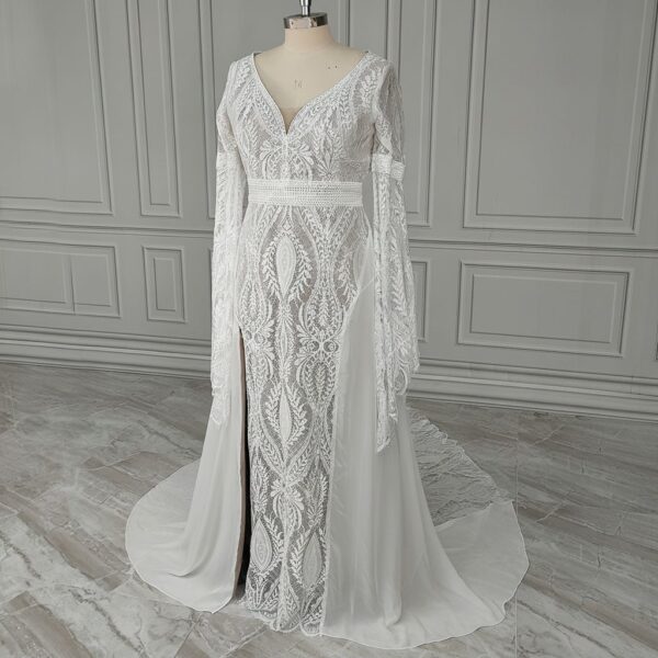Off-white boho lace wedding dress with long sleeves and front slit