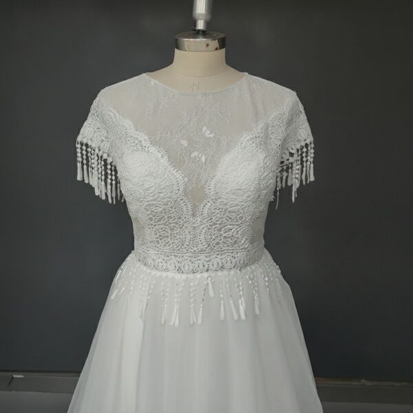 White Lace Fringe Wedding Dress