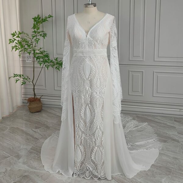 Full front view of off-white lace wedding dress with long sleeves