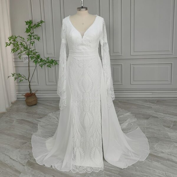 Front view of off-white lace long-sleeve bridal dress
