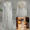 Front studio view of off-white long-sleeve lace wedding gown