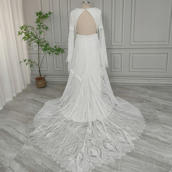 Full rear view of off-white open-back lace gown and train