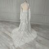 Back view of off-white patterned lace wedding dress and train