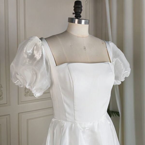 White Satin Puff Sleeve Dress