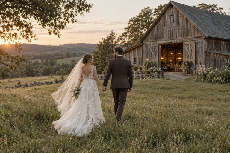 Newlyweds walking toward a rustic barn at sunset