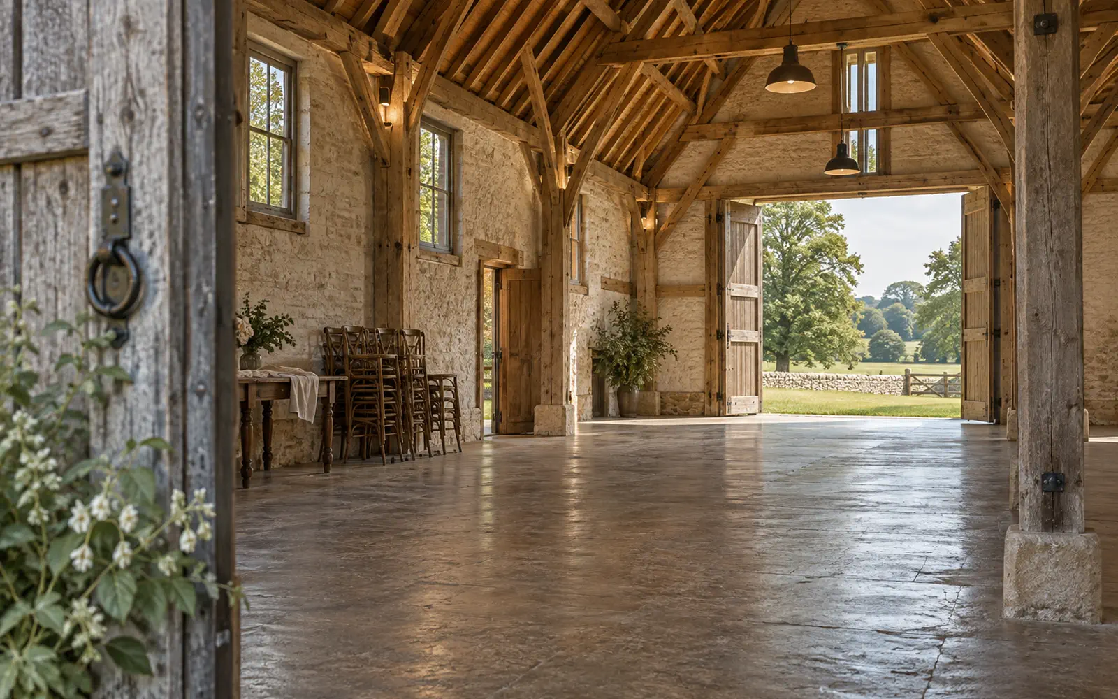 Interior of a restored rustic barn wedding venue