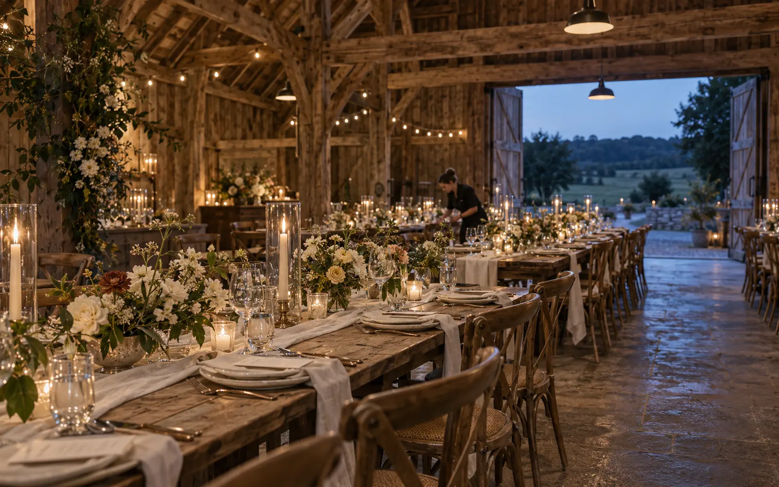 Candlelit rustic barn wedding reception with long wooden tables