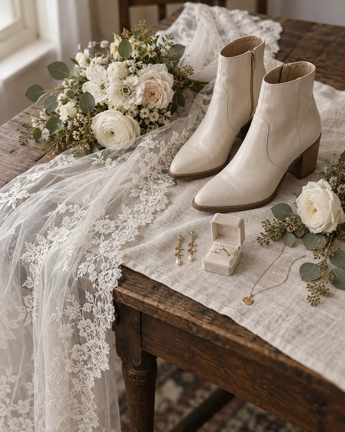 Ivory bridal boots lace veil jewellery and flowers on a wooden table
