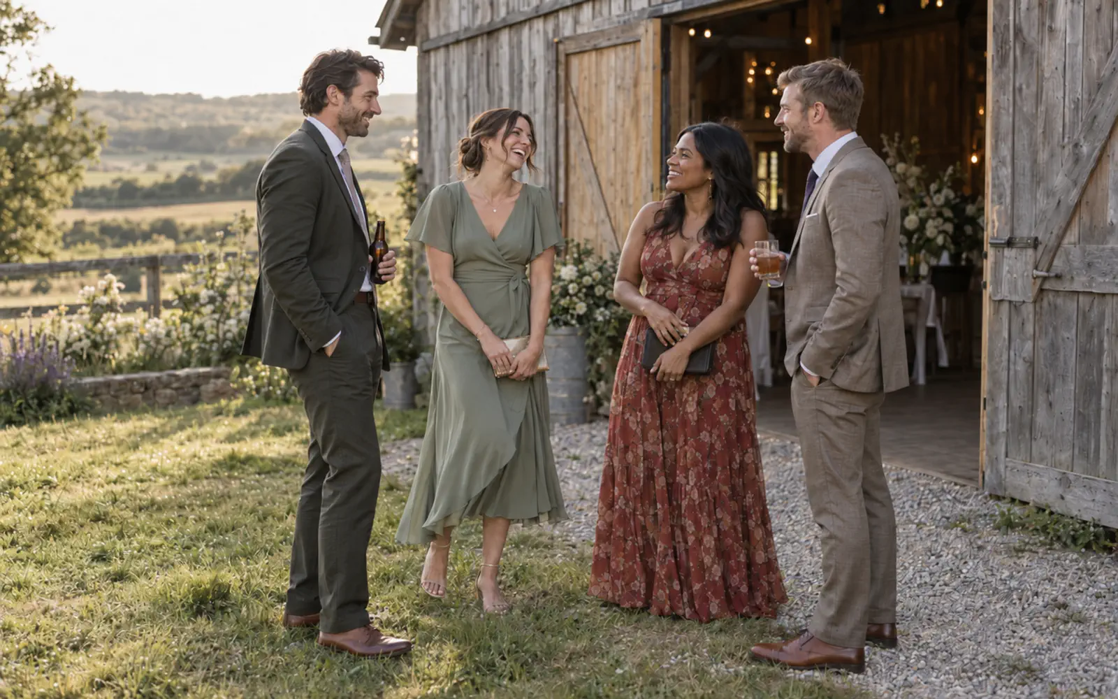 Wedding guests in sage rust and neutral outfits outside a rustic barn