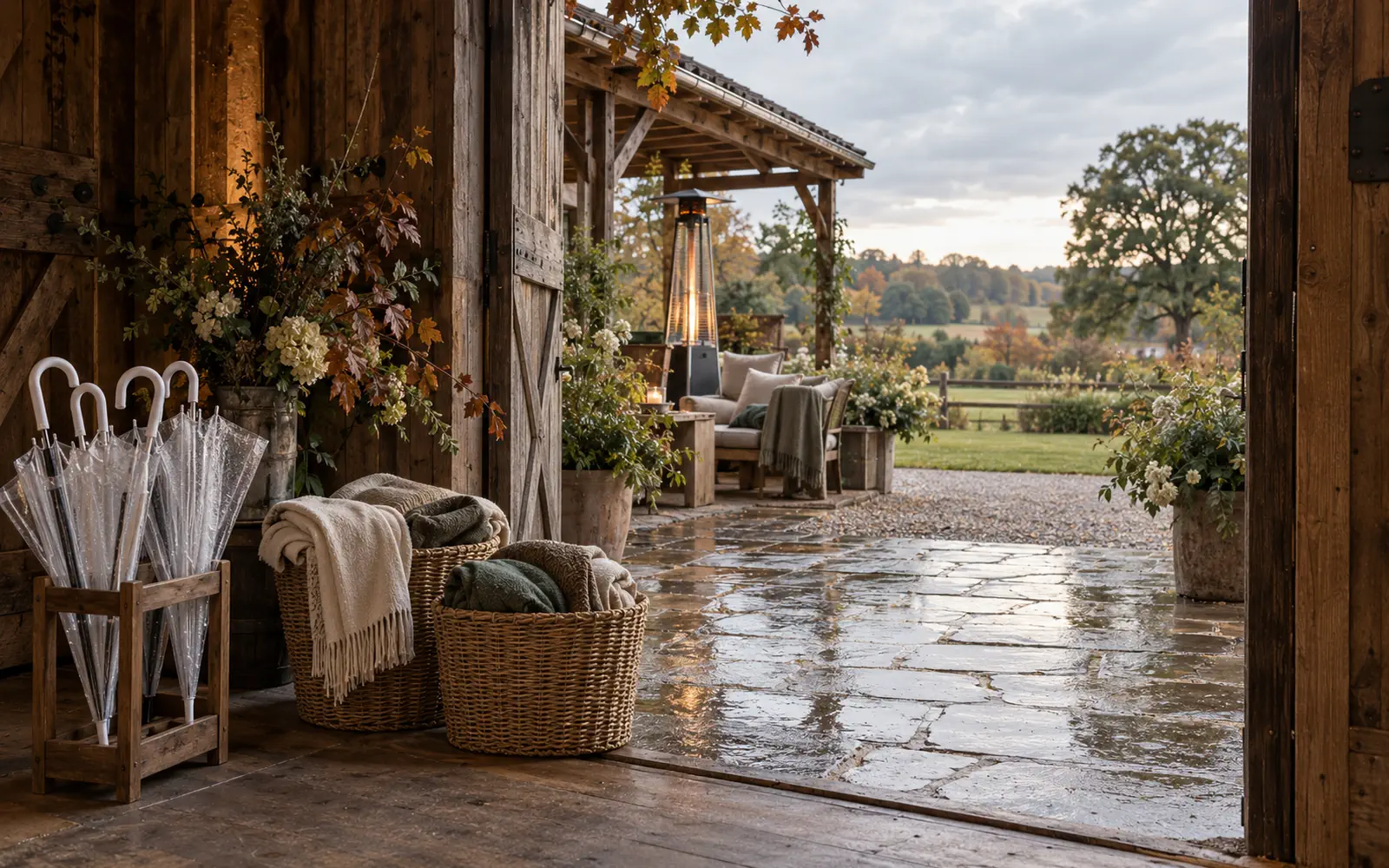 Umbrellas blankets and covered seating prepared for changing barn wedding weather