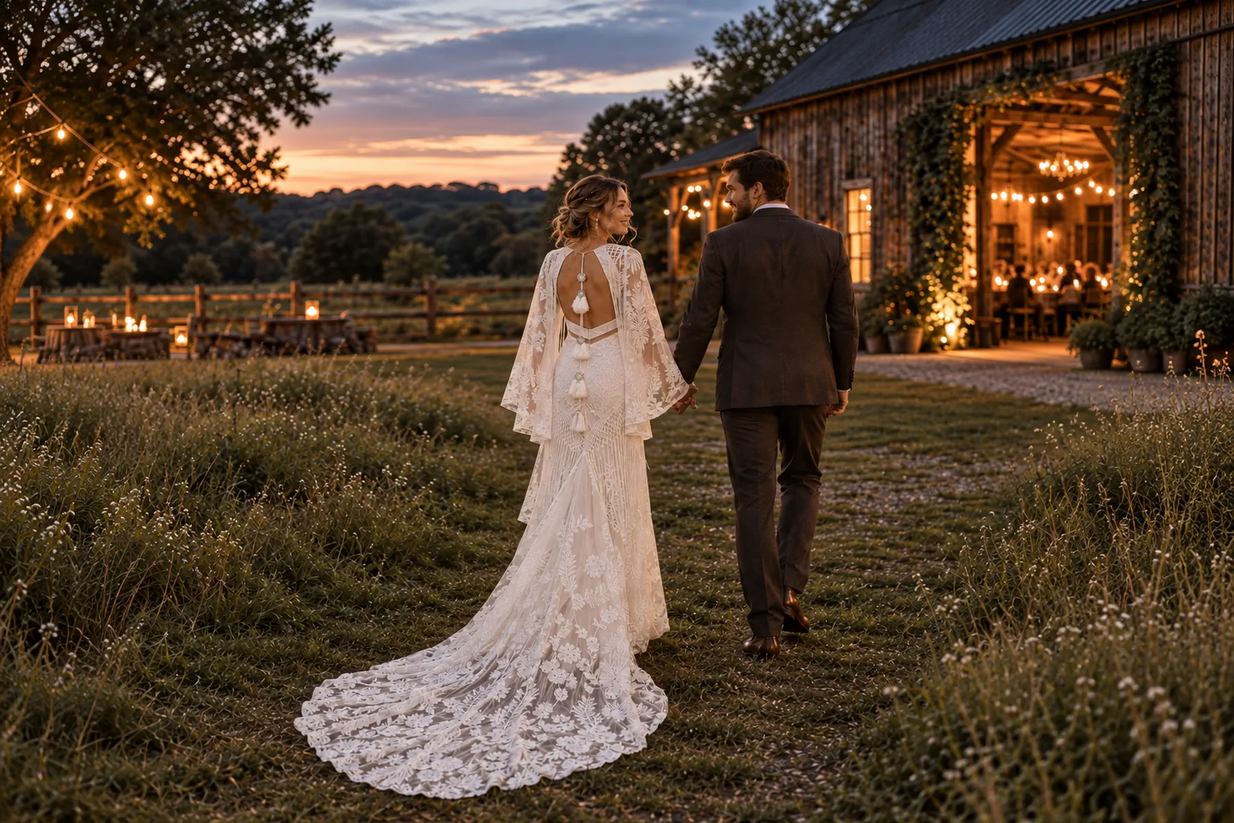 Bride wearing The Open Range Bride western lace wedding dress walking toward a rustic barn
