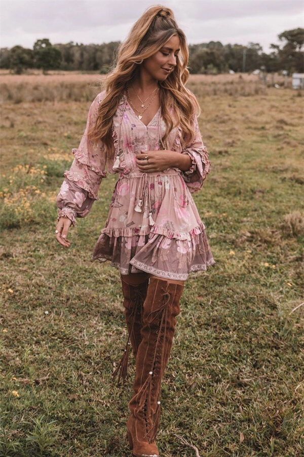 Hf3523b290da44e7a9b6115c6d97473b6V Floral Whimsy Ruffles Boho Mini Dress
