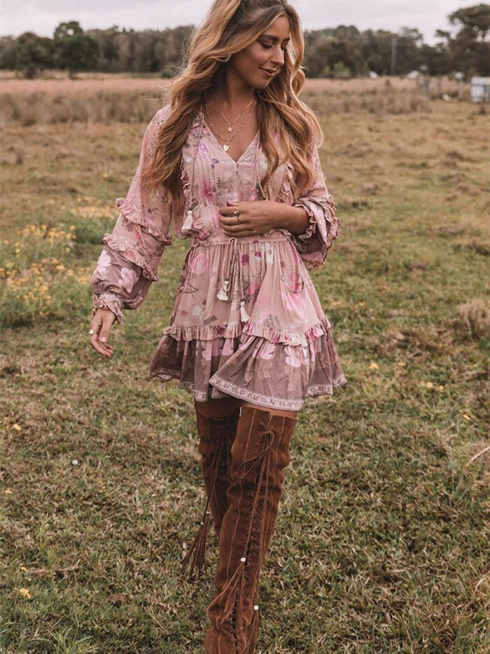 Floral Whimsy Ruffles Boho Mini Dress
