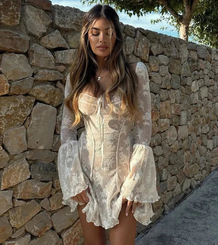 Bella Boho Lace Flared Sleeves Mini Dress White – Spirit & Rebel