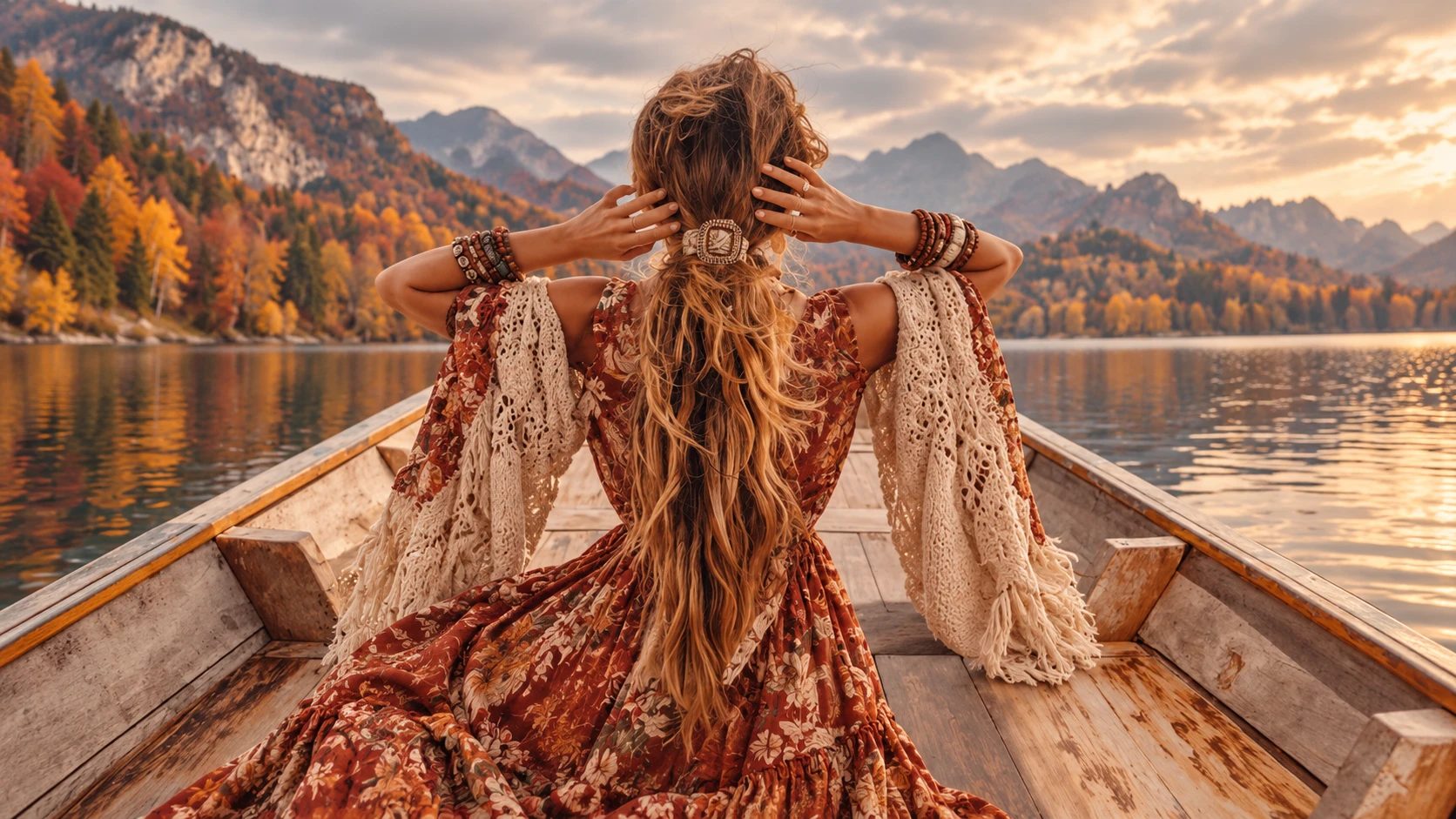 Woman in a rust floral boho maxi dress and cream crochet shawl sitting in a wooden boat on an autumn mountain lake